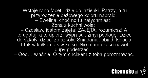 Wstaje rano facet, idzie do łazienki. Patrzy, a tu przyrodzenie beżowego koloru nabrało. – Ewelina, choć no tu natychmiast! Żona z kuchni woła: – Czesław, jestem zajęta! ZAJĘTA, rozumiesz! A to ugotuj, a to upierz, wyprasuj, zmyj podłogę. Dzieci do szkoły, dzieci ze szkoły. Śniadanie, obiad, kolacj…