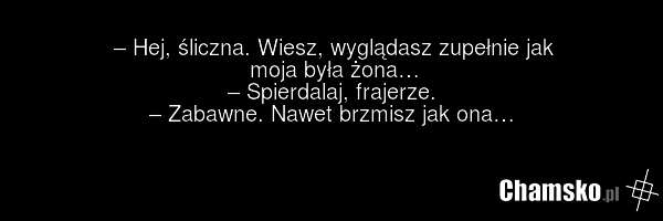 – Hej, śliczna. Wiesz, wyglądasz zupełnie jak moja była żona… – Spierdalaj, frajerze. – Zabawne. Nawet brzmisz jak ona…