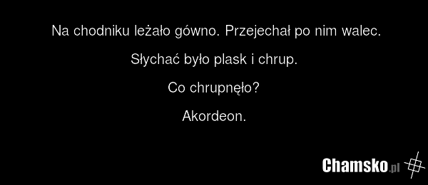 Na chodniku leżało gówno. Przejechał po nim walec. Słychać było plask i chrup. Co chrupnęło? Akordeon.