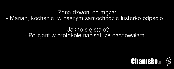 Żona dzwoni do męża: - Marian, kochanie, w naszym samochodzie lusterko odpadło... - Jak to się stało? - Policjant w protokole napisał, że dachowałam...