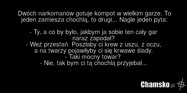 Dwóch narkomanów gotuje kompot w wielkim garze. To jeden zamiesza chochlą, to drugi... Nagle jeden pyta: - Ty, a co by było, jakbym ja sobie ten cały gar naraz zapodał? - Weź przestań. Poszłaby ci krew z uszu, z oczu, a na twarzy pojawiłyby ci się krwawe ślady. - Taki mocny towar? - Nie, tak bym ci…