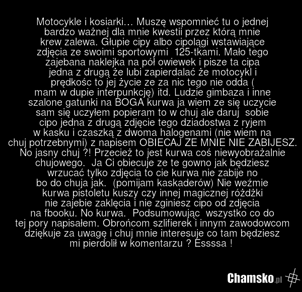 Motocykle i kosiarki… Muszę wspomnieć tu o jednej bardzo ważnej dla mnie kwestii przez którą mnie krew zalewa. Głupie cipy albo cipolągi wstawiające zdjęcia ze swoimi sportowymi 125-tkami. Mało tego zajebana naklejka na pół owiewek i pisze ta cipa jedna z drugą że lubi zapierdalać że motocykl i prę…