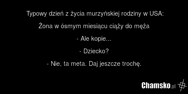 Typowy dzień z życia murzyńskiej rodziny w USA: Żona w ósmym miesiącu ciąży do męża - Ale kopie... - Dziecko? - Nie, ta meta. Daj jeszcze trochę.