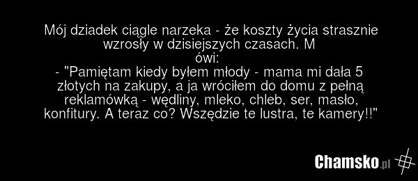 Mój dziadek ciągle narzeka - że koszty życia strasznie wzrosły w dzisiejszych czasach. M ówi: - "Pamiętam kiedy byłem młody - mama mi dała 5 złotych na zakupy, a ja wróciłem do domu z pełną reklamówką - wędliny, mleko, chleb, ser, masło, konfitury. A teraz co? Wszędzie te lustra, te kamery!!"
