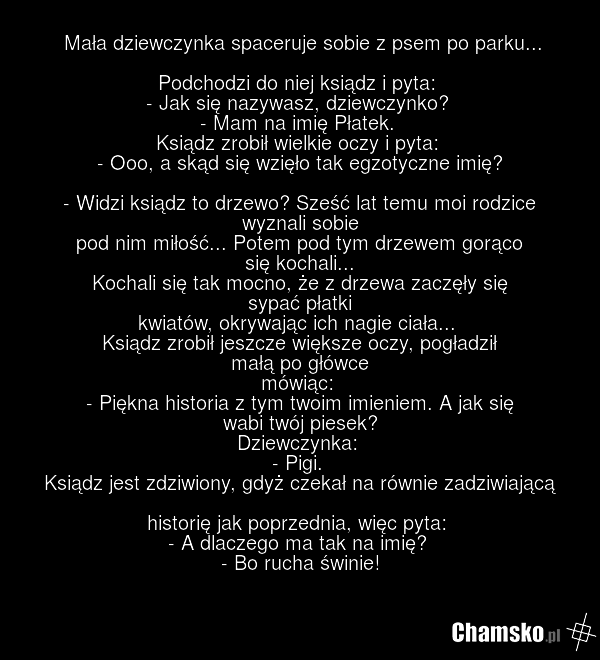 Mała dziewczynka spaceruje sobie z psem po parku... Podchodzi do niej ksiądz i pyta: - Jak się nazywasz, dziewczynko? - Mam na imię Płatek. Ksiądz zrobił wielkie oczy i pyta: - Ooo, a skąd się wzięło tak egzotyczne imię? - Widzi ksiądz to drzewo? Sześć lat temu moi rodzice wyznali sobie pod nim mił…