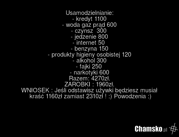Usamodzielnianie: - kredyt 1100 - woda gaz prąd 600 - czynsz 300 - jedzenie 800 - internet 50 - benzyna 150 - produkty higieny osobistej 120 - alkohol 300 - fajki 250 - narkotyki 600 Razem: 4270zł. ZAROBKI : 1960zł. WNIOSEK : Jeśli odstawisz używki będziesz musiał kraść 1160zł zamiast 2310zł ! :) P…
