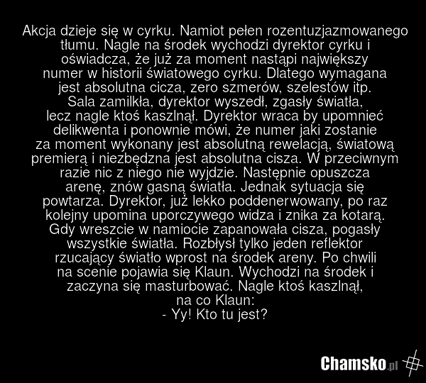 Akcja dzieje się w cyrku. Namiot pełen rozentuzjazmowanego tłumu. Nagle na środek wychodzi dyrektor cyrku i oświadcza, że już za moment nastąpi największy numer w historii światowego cyrku. Dlatego wymagana jest absolutna cicza, zero szmerów, szelestów itp. Sala zamilkła, dyrektor wyszedł, zgasły ś…