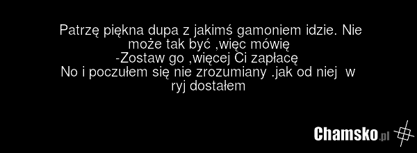 Patrzę piękna dupa z jakimś gamoniem idzie. Nie może tak być ,więc mówię -Zostaw go ,więcej Ci zapłacę No i poczułem się nie zrozumiany .jak od niej w ryj dostałem