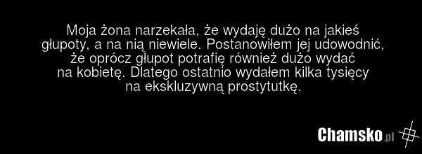 Moja żona narzekała, że wydaję dużo na jakieś głupoty, a na nią niewiele. Postanowiłem jej udowodnić, że oprócz głupot potrafię również dużo wydać na kobietę. Dlatego ostatnio wydałem kilka tysięcy na ekskluzywną prostytutkę.