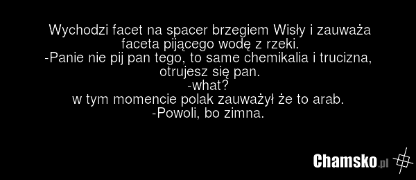 Wychodzi facet na spacer brzegiem Wisły i zauważa faceta pijącego wodę z rzeki. -Panie nie pij pan tego, to same chemikalia i trucizna, otrujesz się pan. -what? w tym momencie polak zauważył że to arab. -Powoli, bo zimna.