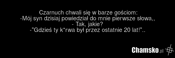 Czarnuch chwali się w barze gościom: -Mój syn dzisiaj powiedział do mnie pierwsze słowa,, - Tak, jakie? -"Gdzieś ty k*rwa był przez ostatnie 20 lat!"..