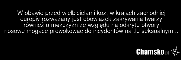 W obawie przed wielbicielami kóz, w krajach zachodniej europiy rozważany jest obowiązek zakrywania twarzy również u mężczyzn ze względu na odkryte otwory nosowe mogące prowokować do incydentów na tle seksualnym...