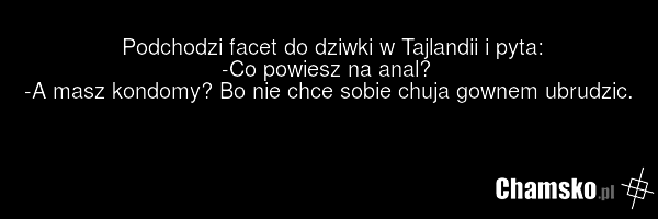 Podchodzi facet do dziwki w Tajlandii i pyta: -Co powiesz na anal? -A masz kondomy? Bo nie chce sobie chuja gownem ubrudzic.