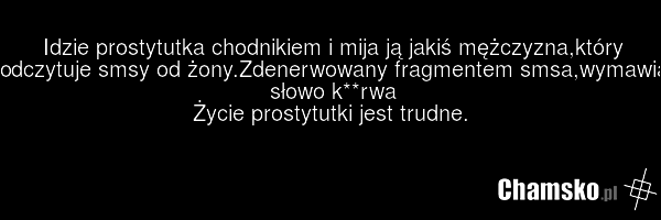 Idzie prostytutka chodnikiem i mija ją jakiś mężczyzna,który odczytuje smsy od żony.Zdenerwowany fragmentem smsa,wymawia słowo k**rwa Życie prostytutki jest trudne.