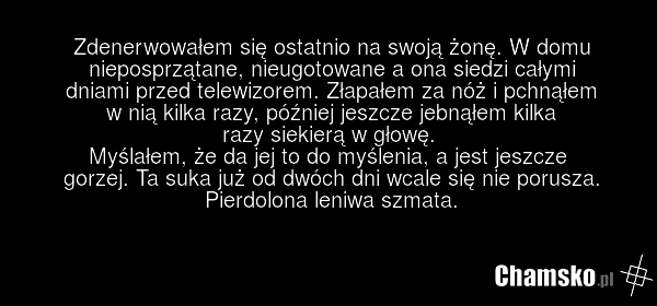 Zdenerwowałem się ostatnio na swoją żonę. W domu nieposprzątane, nieugotowane a ona siedzi całymi dniami przed telewizorem. Złapałem za nóż i pchnąłem w nią kilka razy, później jeszcze jebnąłem kilka razy siekierą w głowę. Myślałem, że da jej to do myślenia, a jest jeszcze gorzej. Ta suka już od dw…