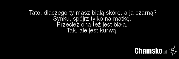 – Tato, dlaczego ty masz białą skórę, a ja czarną? – Synku, spójrz tylko na matkę. – Przecież ona też jest biała. – Tak, ale jest kurwą.