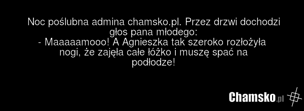 Noc poślubna admina chamsko.pl. Przez drzwi dochodzi głos pana młodego: - Maaaaamooo! A Agnieszka tak szeroko rozłożyła nogi, że zajęła całe łóżko i muszę spać na podłodze!