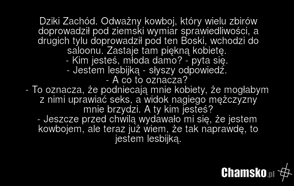 Dziki Zachód. Odważny kowboj, który wielu zbirów doprowadził pod ziemski wymiar sprawiedliwości, a drugich tylu doprowadził pod ten Boski, wchodzi do saloonu. Zastaje tam piękną kobietę. - Kim jesteś, młoda damo? - pyta się. - Jestem lesbijką - słyszy odpowiedź. - A co to oznacza? - To oznacza, że…