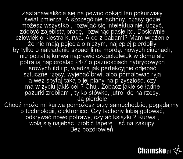 Zastanawialiście się na pewno dokąd ten pokurwiały świat zmierza. A szczególnie lachony, czasy gdzie możesz wszystko , rozwijać się intelektualnie, uczyć, zdobyć zajebistą pracę, rozwinąć pasje itd. Dosłownie człowiek orkiestra kurwa. A co z babami? Mam wrażenie że nie mają pojęcia o niczym, najlep…