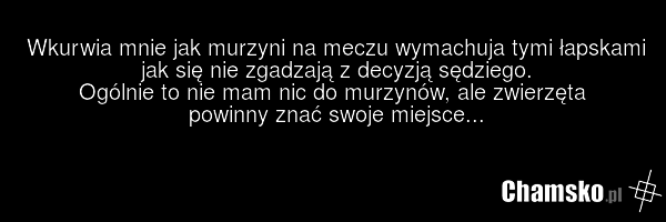 Wkurwia mnie jak murzyni na meczu wymachuja tymi łapskami jak się nie zgadzają z decyzją sędziego. Ogólnie to nie mam nic do murzynów, ale zwierzęta powinny znać swoje miejsce...