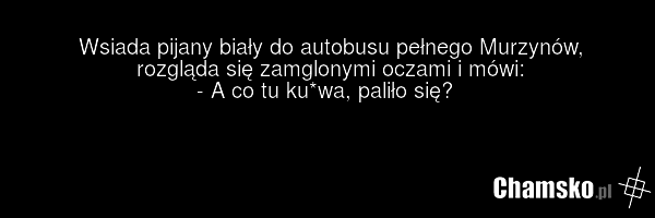 Wsiada pijany biały do autobusu pełnego Murzynów, rozgląda się zamglonymi oczami i mówi: - A co tu ku*wa, paliło się?