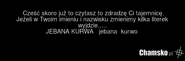 Cześć skoro już to czytasz to zdradzę Ci tajemnicę. Jeżeli w Twoim imieniu i nazwisku zmienimy kilka literek wyjdzie..... JEBANA KURWA jebana kurwo
