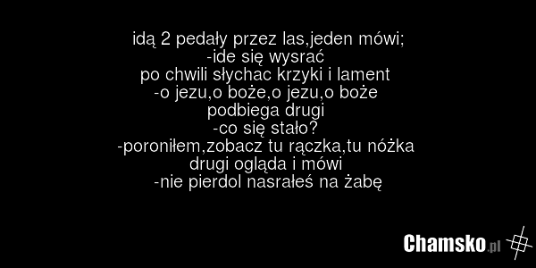 idą 2 pedały przez las,jeden mówi; -ide się wysrać po chwili słychac krzyki i lament -o jezu,o boże,o jezu,o boże podbiega drugi -co się stało? -poroniłem,zobacz tu rączka,tu nóżka drugi ogląda i mówi -nie pierdol nasrałeś na żabę