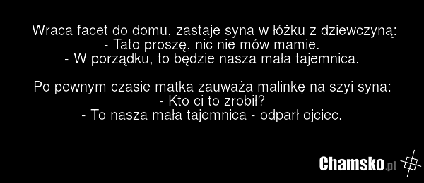 Wraca facet do domu, zastaje syna w łóżku z dziewczyną: - Tato proszę, nic nie mów mamie. - W porządku, to będzie nasza mała tajemnica. Po pewnym czasie matka zauważa malinkę na szyi syna: - Kto ci to zrobił? - To nasza mała tajemnica - odparł ojciec.