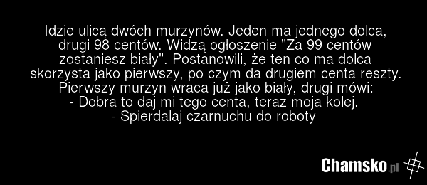 Idzie ulicą dwóch murzynów. Jeden ma jednego dolca, drugi 98 centów. Widzą ogłoszenie "Za 99 centów zostaniesz biały". Postanowili, że ten co ma dolca skorzysta jako pierwszy, po czym da drugiem centa reszty. Pierwszy murzyn wraca już jako biały, drugi mówi: - Dobra to daj mi tego centa, teraz moja…