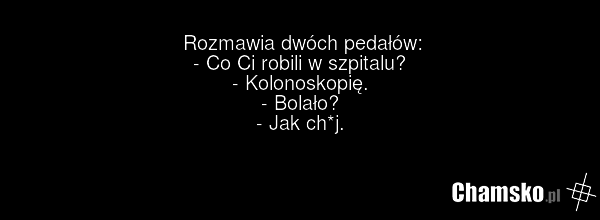 Rozmawia dwóch pedałów: - Co Ci robili w szpitalu? - Kolonoskopię. - Bolało? - Jak ch*j.