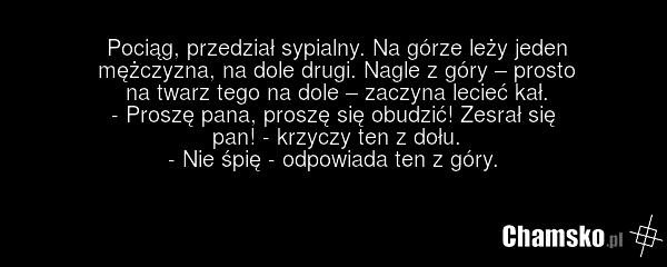 Pociąg, przedział sypialny. Na górze leży jeden mężczyzna, na dole drugi. Nagle z góry – prosto na twarz tego na dole – zaczyna lecieć kał. - Proszę pana, proszę się obudzić! Zesrał się pan! - krzyczy ten z dołu. - Nie śpię - odpowiada ten z góry.