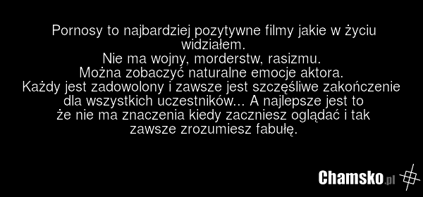 Pornosy to najbardziej pozytywne filmy jakie w życiu widziałem. Nie ma wojny, morderstw, rasizmu. Można zobaczyć naturalne emocje aktora. Każdy jest zadowolony i zawsze jest szczęśliwe zakończenie dla wszystkich uczestników... A najlepsze jest to że nie ma znaczenia kiedy zaczniesz oglądać i tak za…