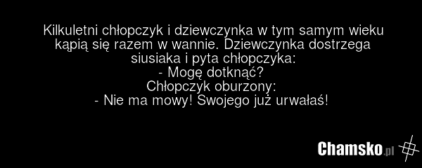 Kilkuletni chłopczyk i dziewczynka w tym samym wieku kąpią się razem w wannie. Dziewczynka dostrzega siusiaka i pyta chłopczyka: - Mogę dotknąć? Chłopczyk oburzony: - Nie ma mowy! Swojego już urwałaś!
