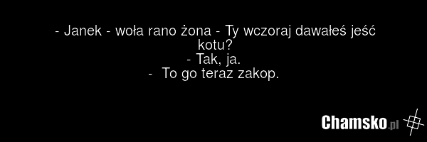 - Janek - woła rano żona - Ty wczoraj dawałeś jeść kotu? - Tak, ja. - To go teraz zakop.