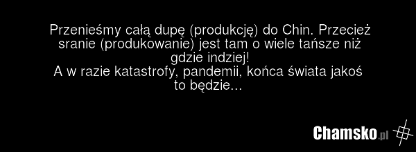 Przenieśmy całą dupę (produkcję) do Chin. Przecież sranie (produkowanie) jest tam o wiele tańsze niż gdzie indziej! A w razie katastrofy, pandemii, końca świata jakoś to będzie...