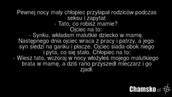 Pewnej nocy mały chłopiec przyłapał rodziców podczas seksu i zapytał: - Tato, co robisz mamie? Ojciec na to: - Synku, wkładam malutkie dziecko w mamę. Następnego dnia ojciec wraca z pracy i patrzy, a jego syn siedzi na ganku i płacze. Ojciec siada obok niego i pyta, co się stało. Chłopiec na to: -…